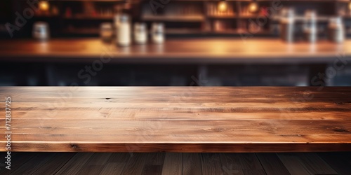 Dark empty wooden table in coffee shop for displaying products. Product mock-up available.