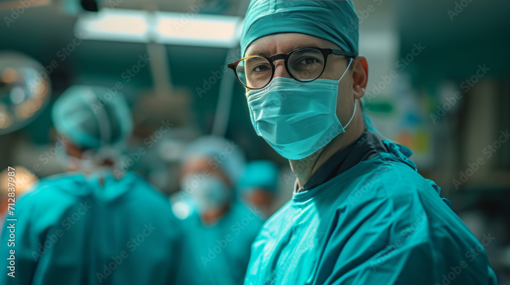 Chief physician during surgery. Looking into the camera. Chief physician during surgery. Looking into the camera.
