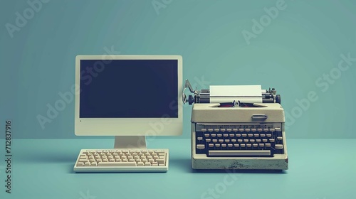 Old vs new technology. Modern computer and typewriter with blue background photo