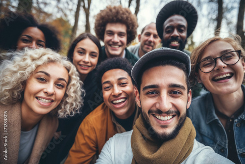 Diverse group of people smiling in joy in the park, a unique crowd, ethnic diversity, different cultures, family, multicultural friends, cultural mixing pot, professional portrait photo 
