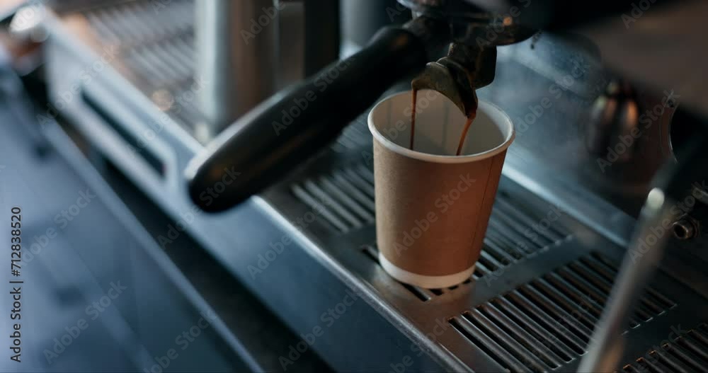 Restaurant, coffee machine and pouring cup for take away with barista, small business or hospitality. Cappuccino, fresh brew espresso and beverage service in cafe, shop or bistro with hot drink to go