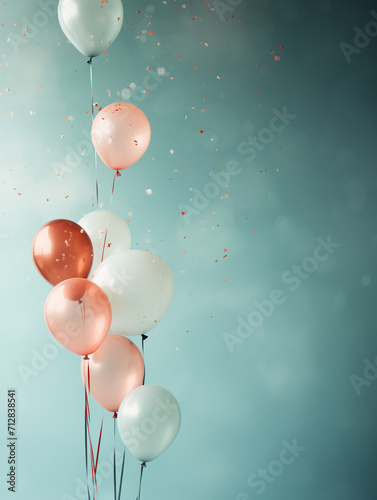 Shiny party balloons and confetti on cyan sky background with copy space. Minimalist festive background. Celebration, birthday, party decoration. Turquoise, white, red, pink orange tones.