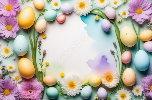 easter watercolor banner or postcard with empty space for text, made of easter eggs and flowers, pastel colours