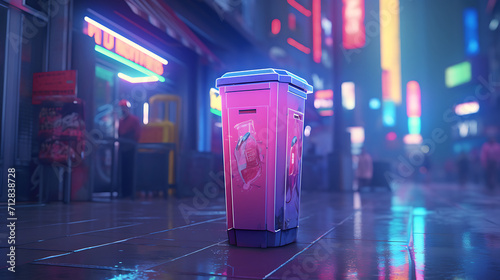 a close-up of neon recycle bin in the street, futuristic graphic