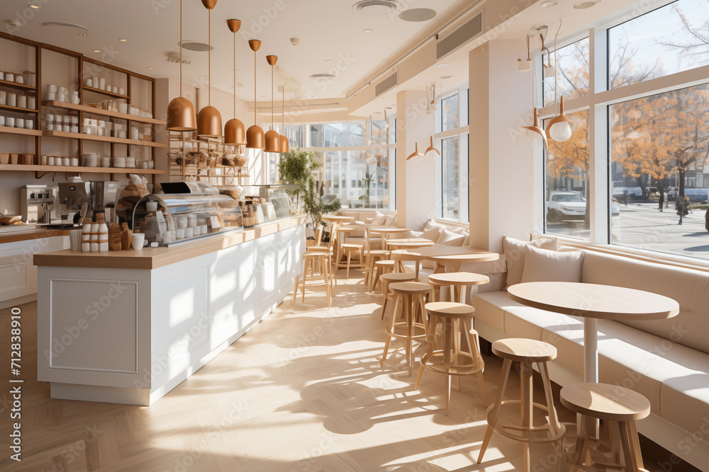 Cafe design counter and seating area Minimalist interior design white and light wood tone