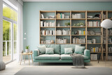 Modern living room interior design scandinavian style, aqua green sofa, coffee table, lamp and bookshelf with books with piece of carpet on wooden white floor