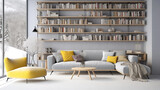 Modern living room interior design scandinavian style, grey and yellow color sofa, round coffee table, pillow, lamp and bookshelf with books window view of snow winter season