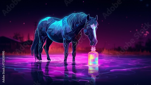 Horse animal drinking water Neon light AI Generated pictures