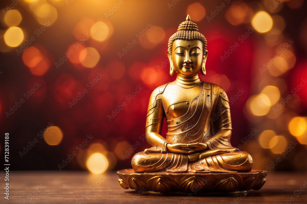 golden buddha statue sit on padma, red and gold bokeh background