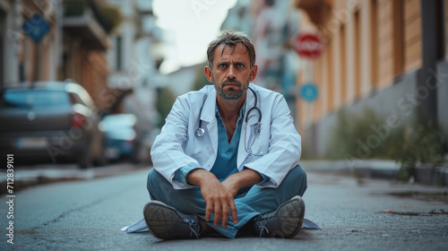 The upset doctor was unable to save the patient. Sitting on the street. photo
