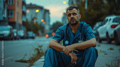 The upset doctor was unable to save the patient. Sitting on the street.