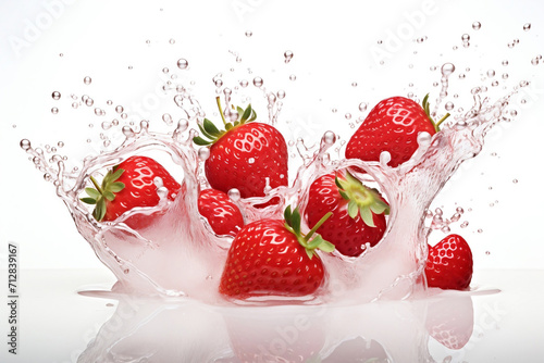 Strawberries in water splash on white background.