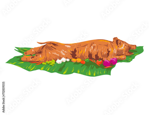 Art Deco or WPA poster art of a lechon, litson  or roasted suckling pig on isolated background done in works project administration style.
