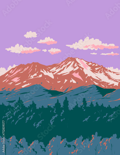 WPA poster art of Mount Shasta volcano in Siskiyou County, Northern California, United States USA  done in works project administration or federal art project style.
