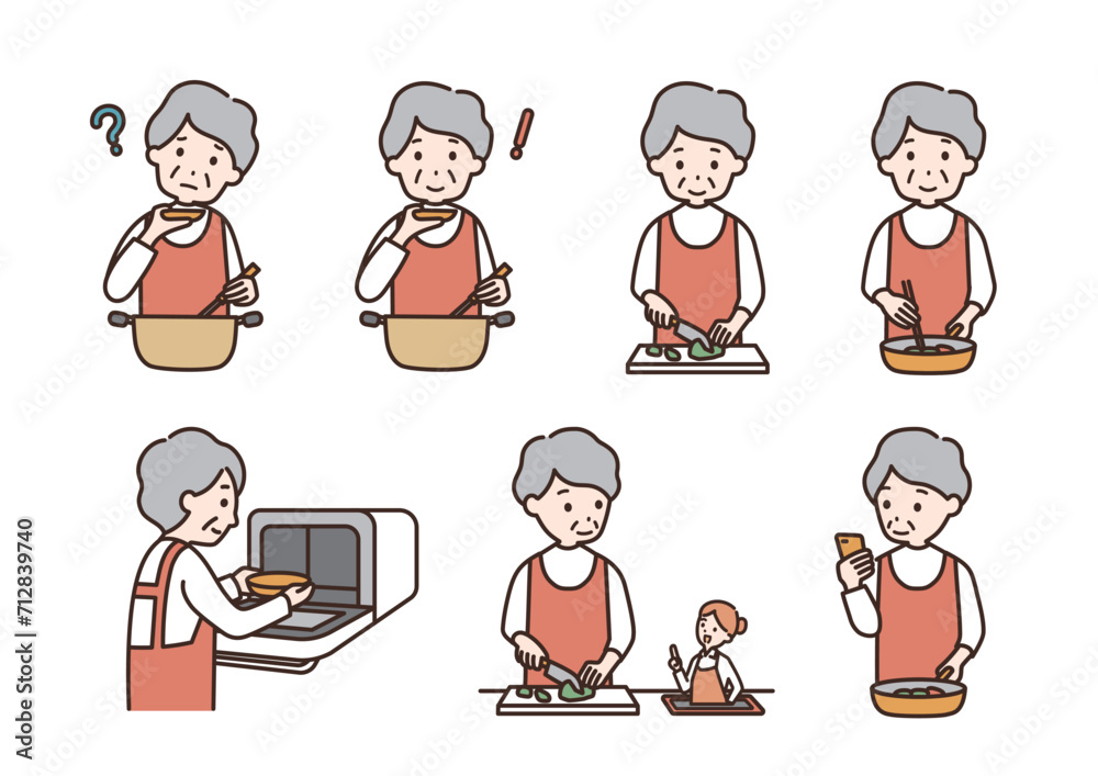 料理をするシニア女性のイラストセット