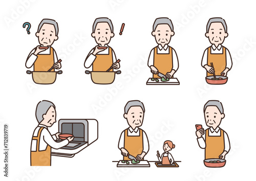 料理をするシニア男性のイラストセット