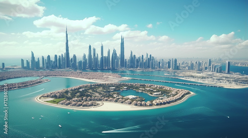 aerial view from a plane of Dubai jumeirah district cityscape and world islands on a sunny day photo