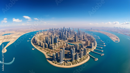 aerial view from a plane of Dubai jumeirah district cityscape and world island United Arab Emirates.