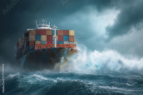 It is observed that container ship floats with ocean during storm with large waves strong wind accompanying situation AI Generation