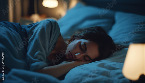 Young woman sleeping in bed with blue lighting.
