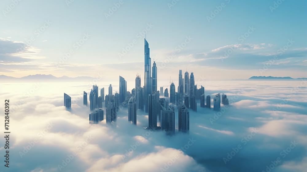 beautiful Dubai scene with aerial view of Dubai skyline morning mist hovering