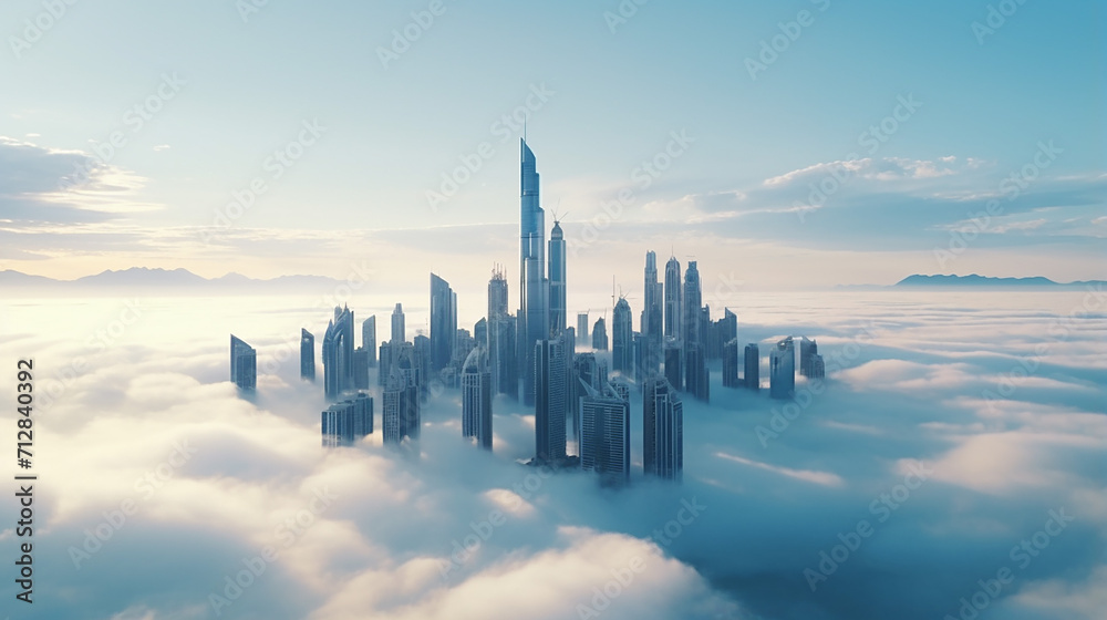 Fototapeta premium beautiful Dubai scene with aerial view of Dubai skyline morning mist hovering