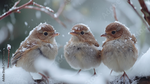 Three small birds sit on a branch in winter.