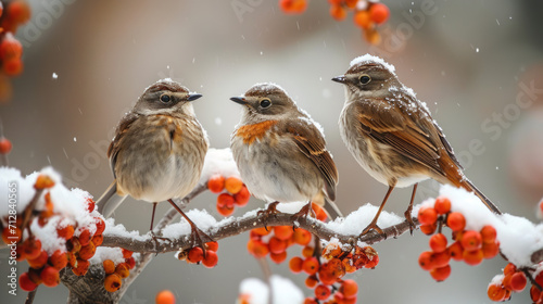 Three small birds sit on a branch in winter.