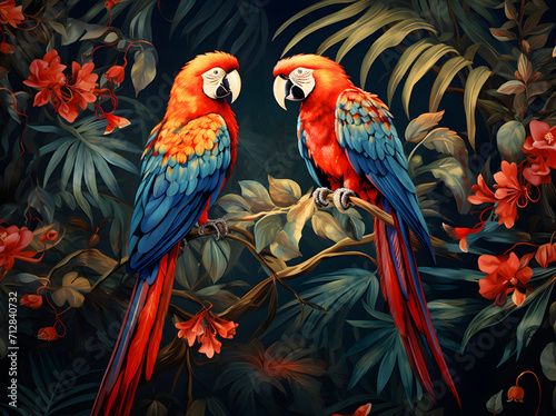 parrot on a branch, wallpaper jungle and leaves tropical forest mural parrot and flower branch