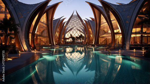 amazing architecture of tropical resort Dubai UAE with reflection photo