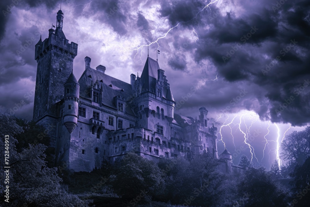 A haunted castle with ominous clouds and lightning in the background Creepy view of dark mystery castle Gothic castle at night A haunted castle with ominous clouds and lightning in the background Creepy view of dark mystery castle Gothic castle at night