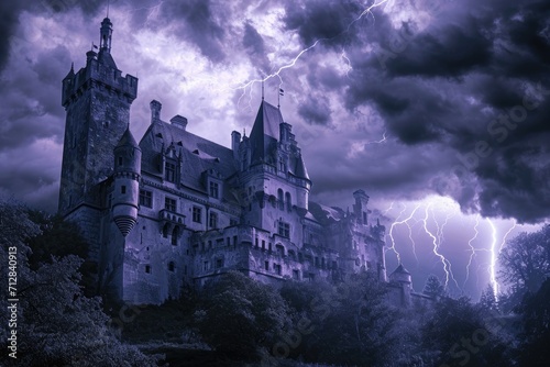 A haunted castle with ominous clouds and lightning in the background Creepy view of dark mystery castle Gothic castle at night