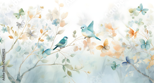 watercolor painting colorful birds and butterflies in a forest of light turquoise and gold