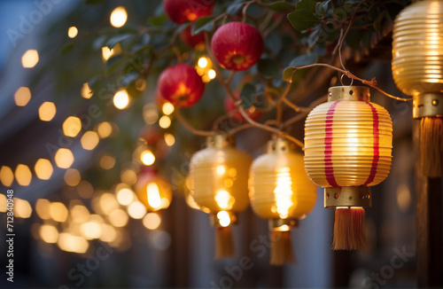 Elegant Ornate golden Chinese New Year Lanterns on bokeh golden Nights with copy space, chinese new year banner design
