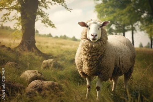 a furry sheep is standing in a green field next to a tree with view of clouds and sky