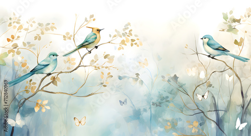 watercolor painting of colorful birds and butterflies in a forest of light turquoise and gold © MstParul