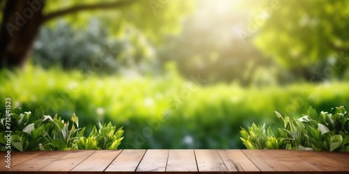 Wooden table displaying products with a lush spring garden backdrop of green grass, leaves, and sunlight. photo