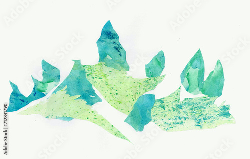 木、草原、草、風景の抽象的、半抽象的、手描き、水彩、イラスト、グラフィック素材