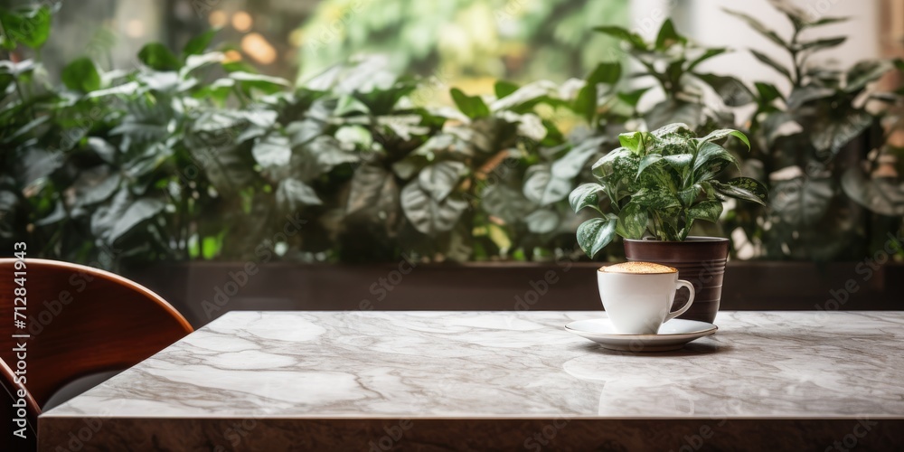 Marble table with cafe background.