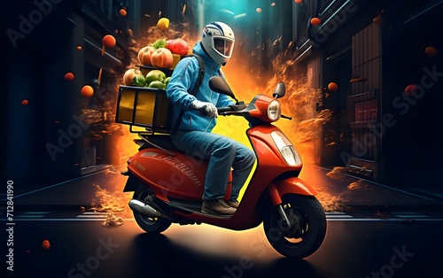 man rider with ride motorcycle to deliver fruit delivery.