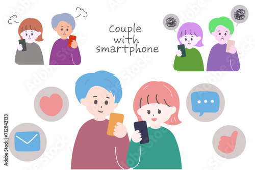 スマートフォンを見ている男女 喜怒哀の感情セット　背景透過