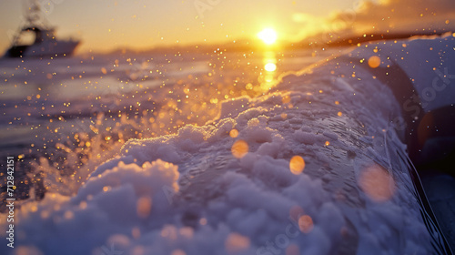 A boat floats on the water in winter. Snow and ice on the water.