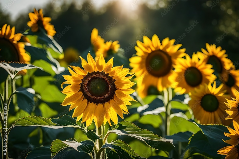 Obraz premium Witness the elegance of a sunflower, its vibrant petals and lush greenery harmonizing in perfect balance. Impeccable lighting accentuates the super realistic 