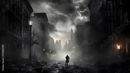night storm 1913 manhattan new york jpg, in the style of muted tones, surrealism, lens flare, monochrome canvases, depiction of everyday life, smokey background, Generative AI.