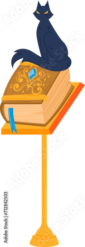 Black cat sitting on an ornate book on a stand. Magical atmosphere with a mystical cat and spellbook. Fantasy concept of animals and magic vector illustration.