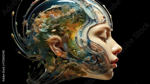 Surrealistic depiction of the gestation of a human face, artistically incorporating elements of the natural world to represent the delicate and complex connection between life and nature.
