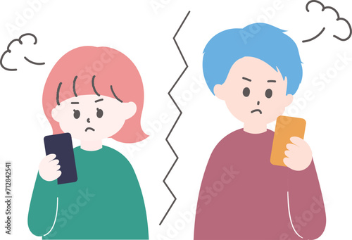 スマートフォンを見て怒っている男女のイラスト　亀裂あり