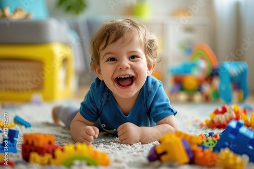 A laughing little child playing on the floor with toys