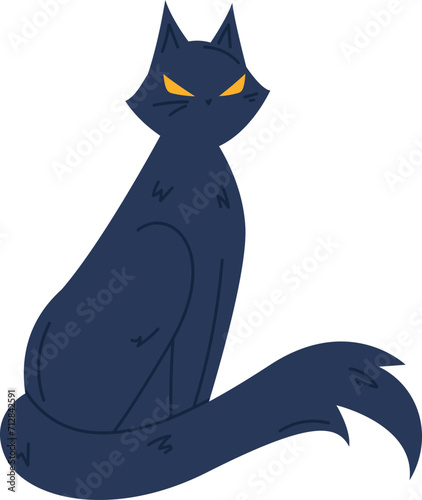 Blue cat sitting with a grumpy expression and yellow eyes. Stern feline with a sassy attitude indoors. Animal mood and pet characters vector illustration.