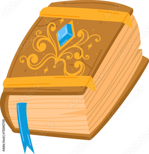 Antique golden decorated book with bookmark. Closed old book with intricate cover design, vector illustration. Magic and mystery, fairy tale tome, enchanted grimoire vector illustration.